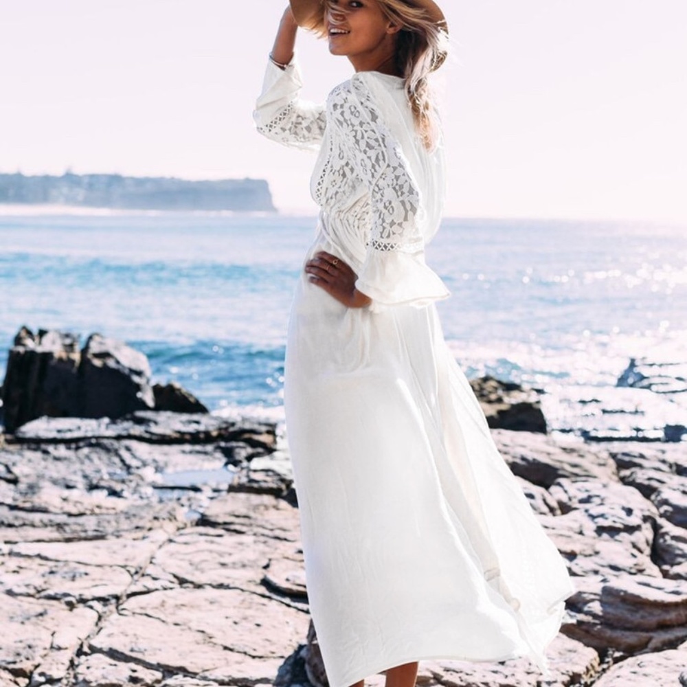 Boho White Lace Tassel Tie V neck Gypsy Maxi Dress - Picture 3 of 5